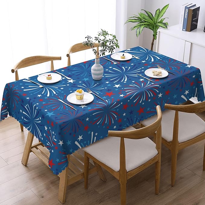 Fireworks Tablecloth 4th of July Fireworks Rectangle Tablecloth Americana Red White and Blue Firework Table Cover 54×72 Inch Washable Table Cloth for Kitchen Dining Room Party