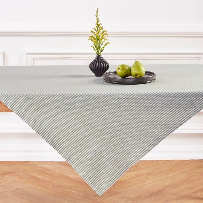 Solino Home Linen Square Tablecloth 52 x 52 Inch - Narrow Stripe, 100% Pure Linen Avocado and White Table Throw - Machine Washable Tablecloth for Fall, Autumn, Thanksgiving, Christmas, Winter