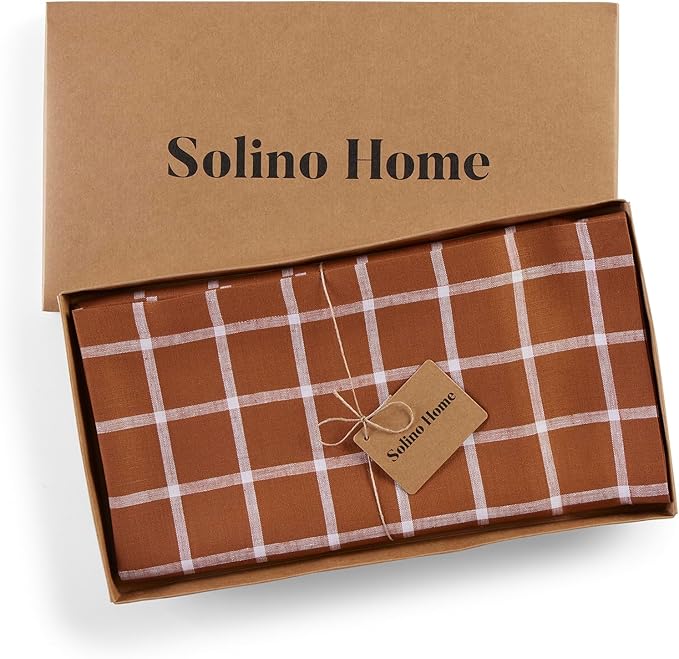 Solino Home Linen Plaid Tablecloth 52 x 52 Inch - 100% Pure Linen Windowpane Cinnamon Table Throw - Machine Washable Square Table Cloth for Fall, Autumn, Thanksgiving, Holiday