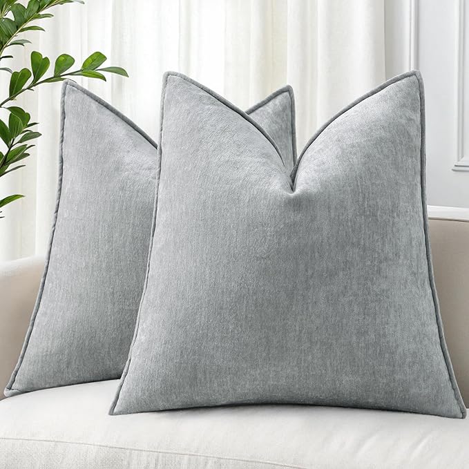 decorUhome Christmas Couch Throw Pillow Covers 22x22 Set of 2, Decorative Soft Euro Velvet Neutral Chenille Pillow Covers with Elegant Design for Sofa Bed Living Room Home Decor, Ultimate Gray