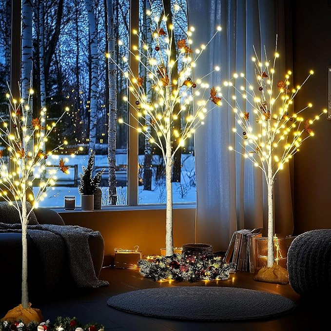 Recaceik Set of 3 Lighted Birch Trees 4FT 5FT 6FT, Christmas Decorations with Warm White LED Lights & Cherry Blossom, Fairy Light Spirit Tree for Indoor Outdoor Christmas Home Decor