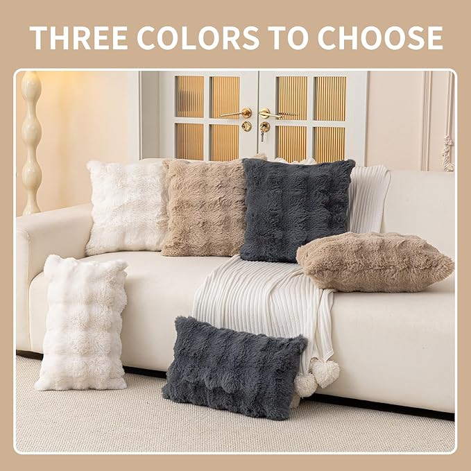 Faux Fur Throw Pillow Covers(Pack of Two, Khaki) 18×20 Inch Decorative Pillows Cover Neutral Soft Chenille Couch Pillows with Zipper Aesthetic for Living Room and Bedroom
