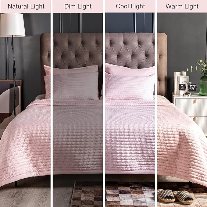 King Quilt Set – 104"x90" Soft Washed 3-Layer Lightweight Bedspread with Multi-Lock Quilting, Minimalist Nordic Bedding, All-Season Quilt Set for Spring & Summer (1 Quilt + 2 Pillow Shams), Pink