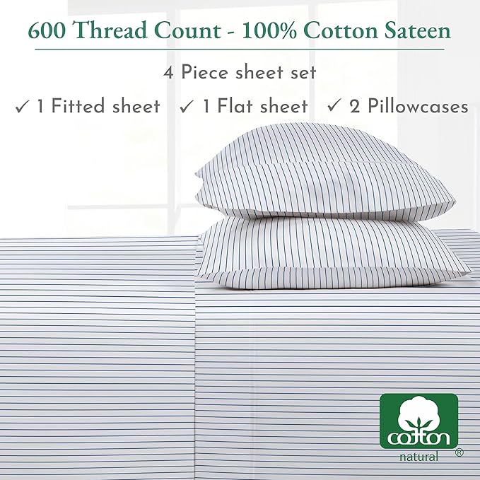 California Design Den Printed Striped Bed Sheets King Size Set - Luxury 600 Thread Count, 100% Cotton Sateen, Hotel Quality Deep Pocket King Sheet Set - Classic Blue Stripe Print