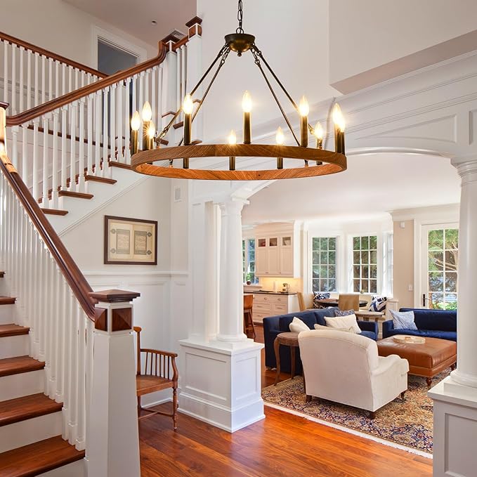 Wagon Wheel Chandelier 32" with Wood Grain Finish, 12-Light Farmhouse Dining Room Light Fixture, Modern Round Iron High Ceiling Chandeliers for Living Room, Foyer, Entryway, E12