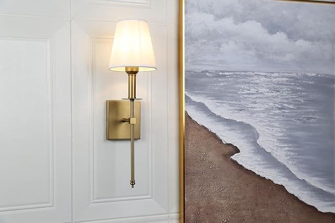 PERMO Set of 2 Classic Rustic Industrial Wall Sconce Lighting Fixture with Flared White Textile Lamp Shade and Antique Brass Tapered Column Stand, Hardwired, E26 Base
