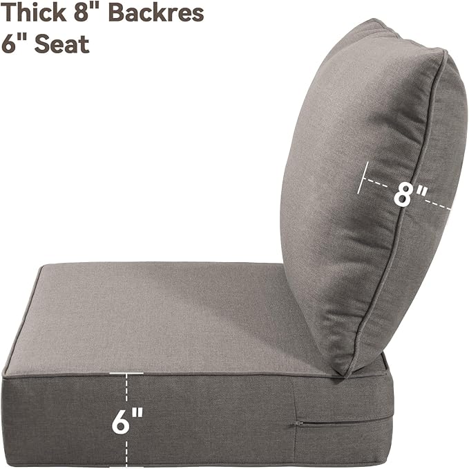 6" Thick Outdoor Cushions 24x24x6, 6-Set Deep Seat Patio Cushions with Removable Cover, Waterproof & Fade Resistant Replacement for Wicker Chair, Loveseat, Sofa - Grey