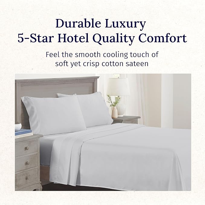 California Design Den King Size Bed Sheets Set - Luxury 600 Thread Count Sateen, Natural 100% Cotton Deep Pocket King Sheet Set, Fully Elasticized, Cool & Durable Hotel Quality Bedding - Light Silver