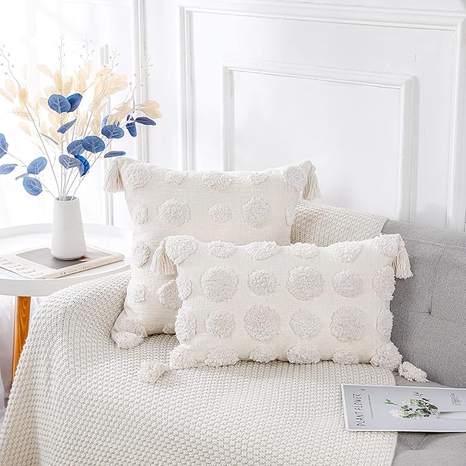 PANOD Super Soft Farmhouse Decorative Plush Throw Pillow Covers 12 x 20 White,Solid Pom pom Tufted with Tassels Modern Accent Boho Lumbar Cushion Cover Pillow Case for Couch Sofa