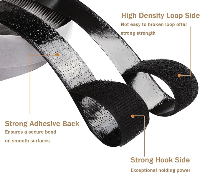 3/4 Inch Wide Hook and Loop Tape with Heavy Duty Adhesive, Nylon Self Adhesive Fastener Strips for Home School Office Car and Crafting Organization (Black, 15 Feet)