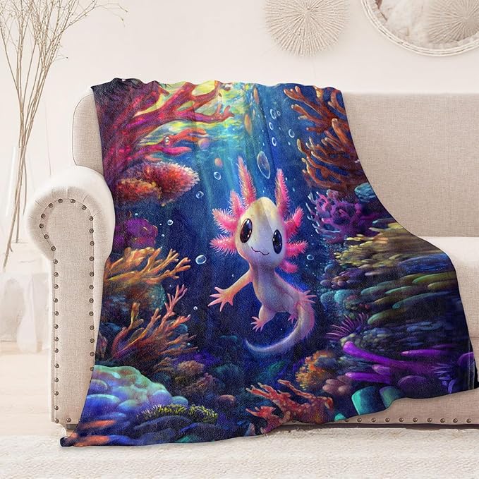Cute Axolotl Underwater Blanket, Cozy Flannel Smiling Axolotls Throw Blanket, Soft Fuzzy Blankets for Travel Home Decor, All Season Lightweight Couch Bed Cover, Gifts for Women Kids 60"×80"