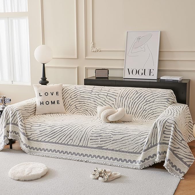 ROOMLIFE Thicked Striped Couch Cover with Tassel Gray Chenille Sofa Cover Blanket for Sectional Sofa, Soft Sofa Slipcovers for L Shaped Love Seat 2-3 Cushion Couch Anti Slip Sofa Protector, 71"x134"