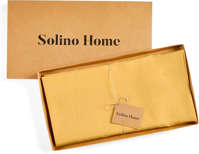 Solino Home Linen Tablecloth 52 x 52 Inch - 100% Pure Linen Mustard Yellow Square Tablecloth - Fete, Machine Washable Table Throw for Thanksgiving