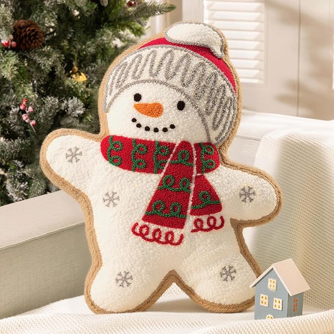 Phantoscope Gingerbread Merry Christmas Throw Pillow, Plush Teddy Xmas Gingerbread Snowman Shaped Pillows with Hat, Christmas Decorative Pillow for Couch Living Room Bed, White, 19x15 inches