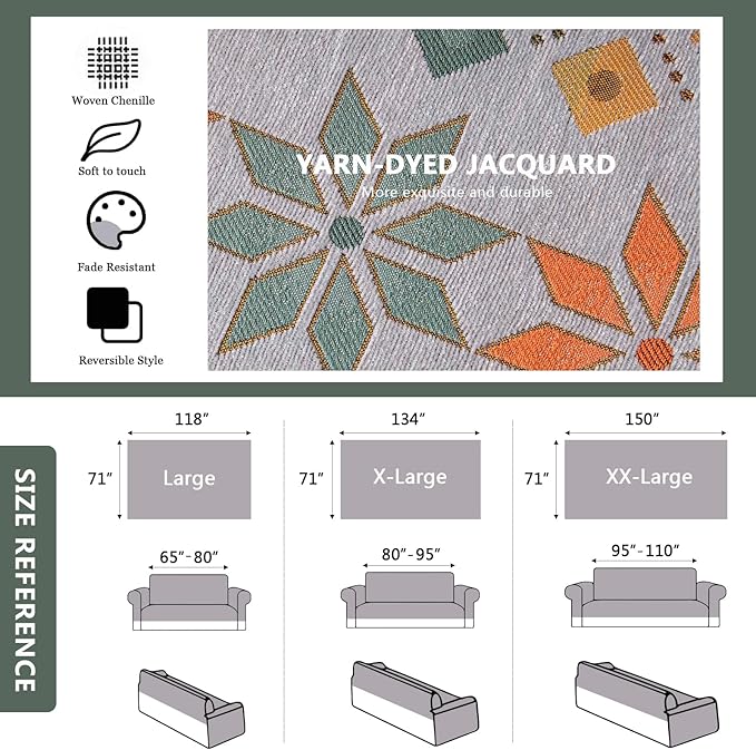 DREAMINGO Chenille Bohemian Sofa Cover 71x150, Grey Couch Cover for 3 Cushion Sofa, Geometric Jacquard Furniture Protector for Living Room, Washable Couch Slipcovers for Sectional