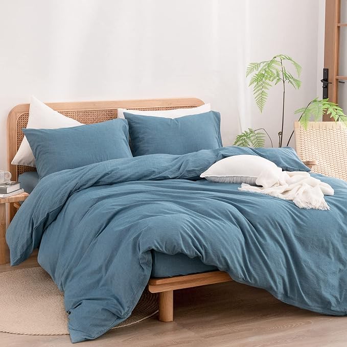 BESTOUCH Duvet Cover Set 100% Washed Cotton Linen Feel Super Soft Comfortable Chic Lightweight 3 PCs Home Bedding Set Solid Dark Blue Queen