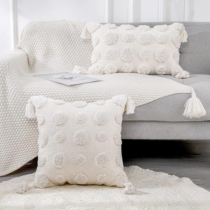PANOD Super Soft Farmhouse Decorative Plush Throw Pillow Covers 22 x 22 White,Solid Pom pom Tufted with Tassels Modern Accent Boho Square Cushion Cover Pillow Case for Couch Sofa