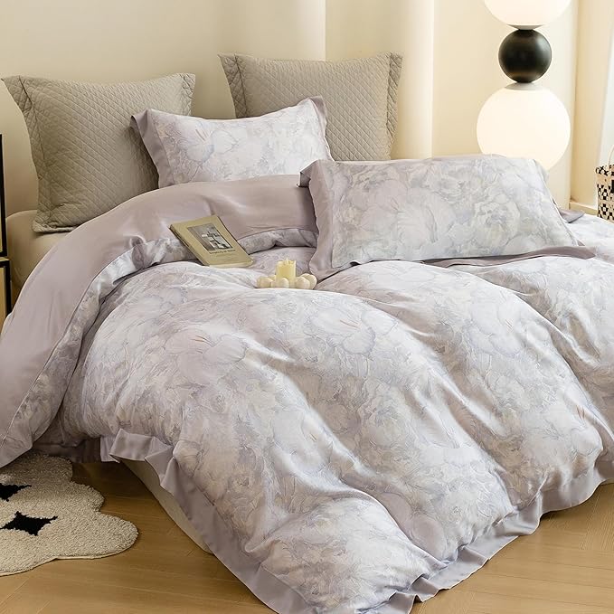 ECOCOTT Bedding 3-Piece Duvet Cover Queen Size, Silky Soft 100% Lyocell, Hypoallergenic & Eco-Friendly, Elegant Bloom (Soft Purple) Floral Pattern, Cooling & Breathable for Hot Sleepers
