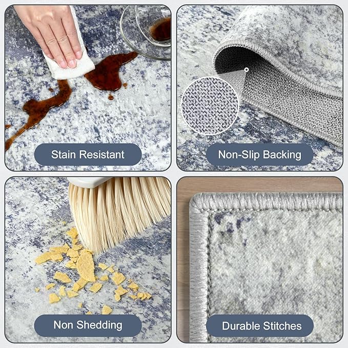 Washable Area Rugs for Living Room 8x10 - Large Neutral Modern Abstract Rug, Soft Low Pile Carpet with Non Slip Backing for Under Dining Room Table, Bedroom, Home, Office, Dorm - Indigo Gray