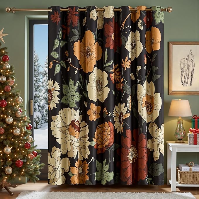 jinchan Lora Floral Curtain for Living Room Blackout Drape for Sliding Door Extra Wide Room Darkening Fall Decor Winter Vintage Flower Patterned Patio Door Curtain Grommet 1 Panel W100xL84 Inch Black