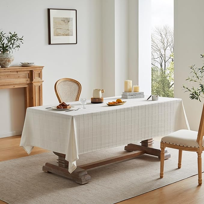 ZeeMart Linen Checked Table Cloth, Farmhouse Style Plaid Embroidered Neutral Tablecloth, Water Resistant Square Table Cloth, Ivory 52x52 Inches