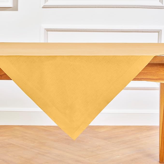 Solino Home Linen Tablecloth 52 x 52 Inch - 100% Pure Linen Mustard Yellow Square Tablecloth - Fete, Machine Washable Table Throw for Thanksgiving