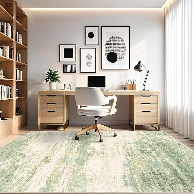 5x7 Modern Abstract Rug Washable Area Rugs for Living Room Bedroom Dining Room Non-Slip Low Pile Neutral Large Rug Soft Indoor Floor Carpet, Green