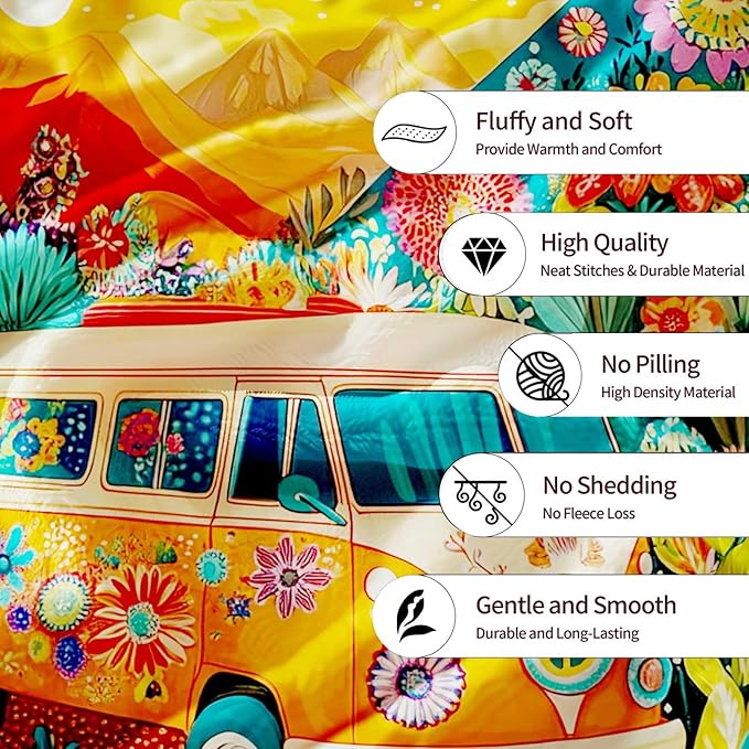 Retro 1960s Van Drive Throw Blanket | Soft Fleece | Mid-Century Boho Decor | Cozy for Couch Sofa Bed | Gift for Men & Women | 40x50 Inches