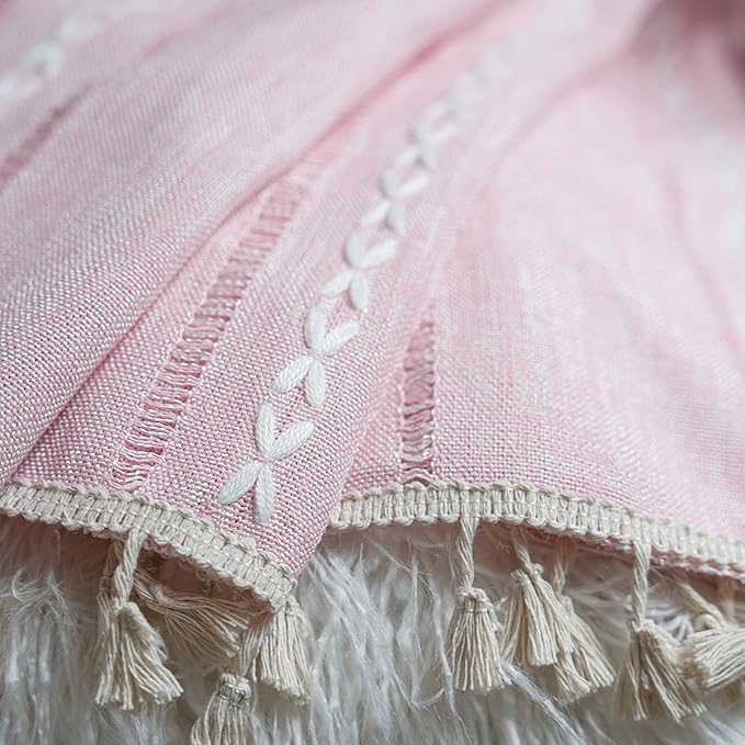 Sutuo Home Boho Curtains for Bedroom Living Room Nursery Kitchen, Light Filtering Country Farmhouse Vintage Chic Tassels Hollow Window Treatment Bohemian Drape, 1 Panel 52" W x 63" L, Pink