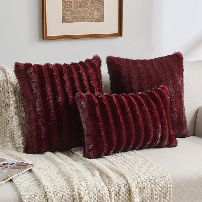 FUTEI Burgundy Decorative Throw Pillow Covers 26x26 Inch Set of 2,Soft Fluffy Faux Rabbit Fur Dyeing Striped Textured Euro Pillow Shams,Modern Home Decor for Couch Bed Living Room
