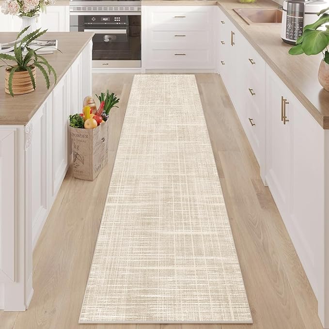 Enkor Runner Rug for Hallway, 2x10 Washable Soft Non Slip Abstract Rug for Kitchen, Modern Mat for Entryway Living Room Bedroom Beige Grid