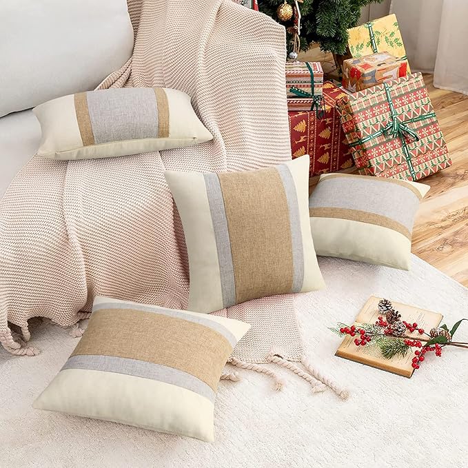 Pyonic Pack of 2 Boho Pillow Covers Farmhouse Decorative Square Pillowcases for Couch Sofa Living Room Outdoor Decor,Cream White and Grey,18 x 18-Inch