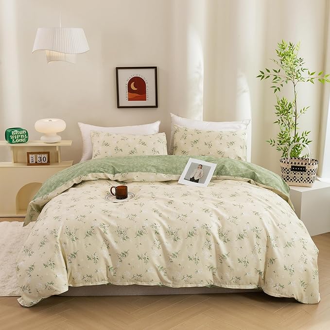 ECOCOTT Duvet Cover King Size - Reversible Green Floral Duvet Cover Set, Ultra Soft & Breathable Comforter Cover with Zipper Closure 4 Ties Bedding Set for Girls and Women