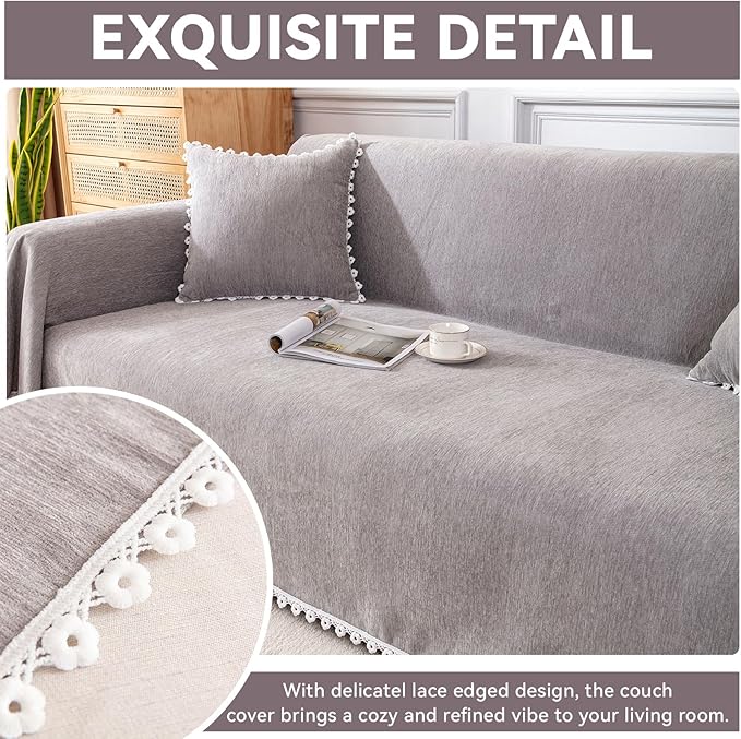 VClife Gray Couch Cover Washable Plush Chenille Sofa Loveseat Cover 71"X150" for 3 Cushion Couch Bed - Modern Decorative Furniture Protector
