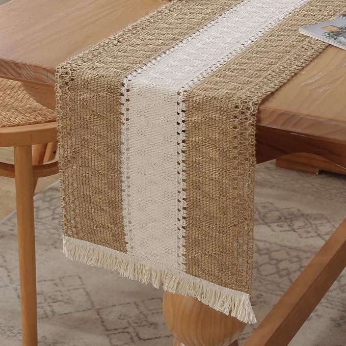 Boho Burlap Macrame Table Runner, Farmhouse Style Cotton Linen Rustic Woven Table Runner with Tassels for Dining, Wedding, Bridal Shower, Bohemian (12x72 inch, Off-White Stripe)