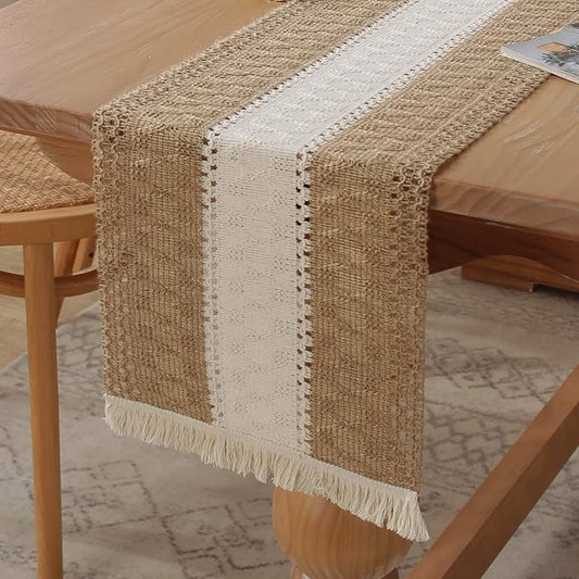 Boho Burlap Macrame Table Runner, Farmhouse Style Cotton Linen Rustic Woven Table Runner with Tassels for Dining, Wedding, Bridal Shower, Bohemian (12x72 inch, Off-White Stripe)