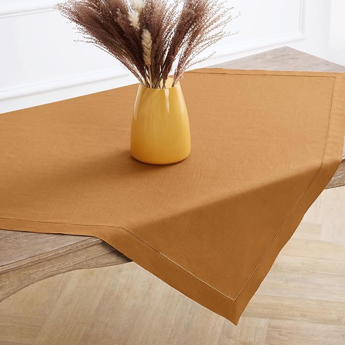 Solino Home Square Linen Tablecloth 52 x 52 Inch - 100% Pure Linen Brown Sugar Table Throw - Classic Hemstitch, Machine Washable Table Cloth for Fall, Autumn, Thanksgiving