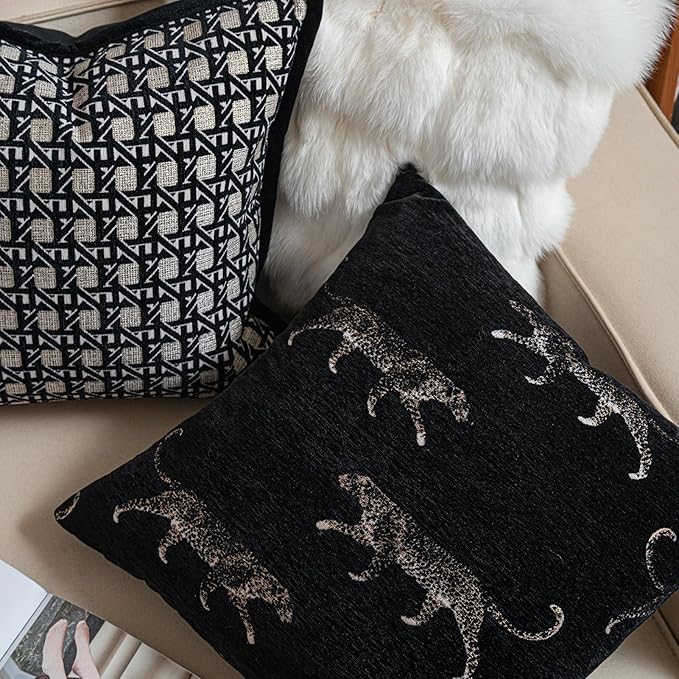 New 18x18'' inches Throw Pillow Cushion Covers - Black Color with Chenille Jacquard Embroidery Golden Leopard Luxury Modern Style Couch Sofa Bed Pillow Cover for Living Room Bedroom