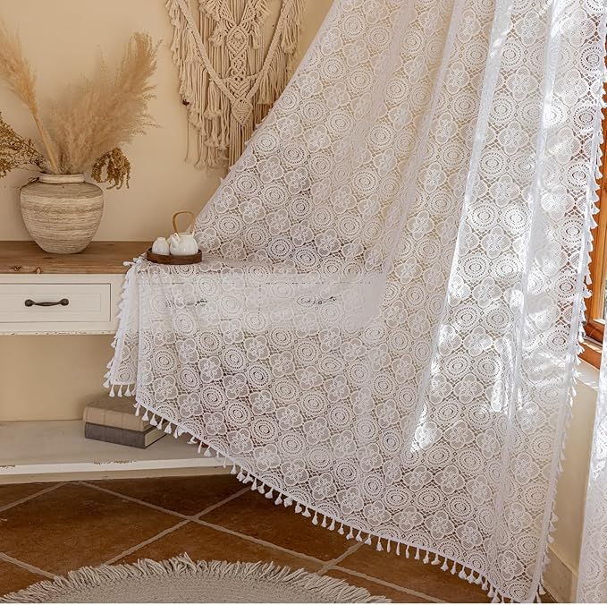 YJ YANJUN White Tassel Curtains 96 Inches Long 2 Panels Victorian Lace Curtains with Tassel Vintage Floral Sheer Drapes Rod Pocket Shabby Chic Cottage Curtains for Bedroom Living Room 8FT 59W x 96L