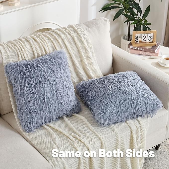 FUTEI Grey Blue Decorative Throw Pillow Covers 18x18 Inch Set of 2,Soft Fluffy Faux Feather Texture Cushion Cases,Modern Home Luxury Decor for Couch Bed Living Room