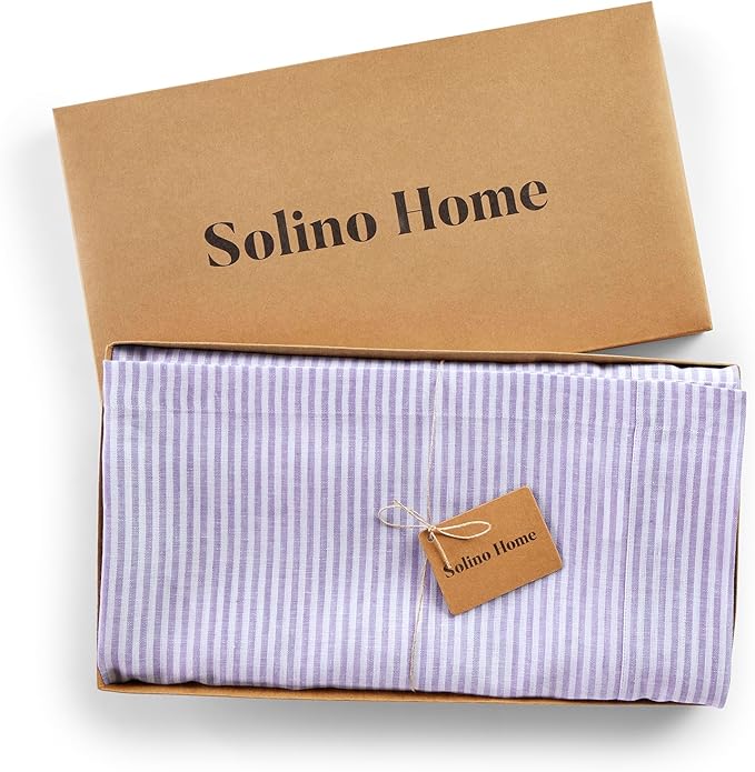 Solino Home Linen Tablecloth 60 x 90 Inch - Narrow Stripe 100% Pure Linen Lavender and White Table Cloth for Rectangle Tables - Machine Washable Tablecloth for Fall, Autumn, Thanksgiving, Christmas