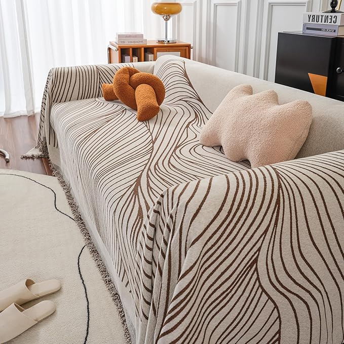 VClife XL Sofa Cover Chenille Couch Cover for 3 Cushion Couch Sofa, Modern Beige Chocolate Striped Couch Covers for Kids Washable Sectional Sofa Protector with Tassel 71"X134"