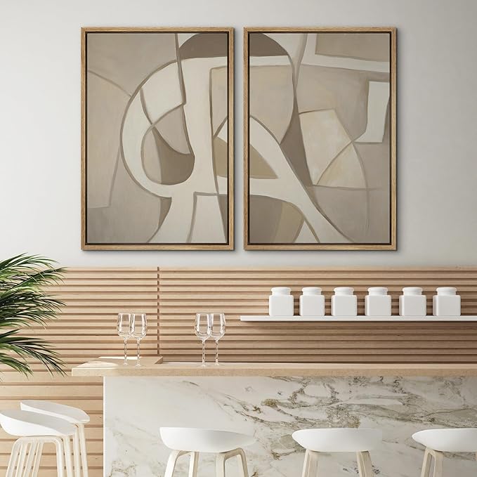 SIGNWIN Framed Canvas Print Wall Art Set Neutral Abstract Geometric Modern Minimalist Beige and Cream Illustrations Minimal Decorative Zen for Living Room, Bedroom, Office - 24"x36"x2 Natural