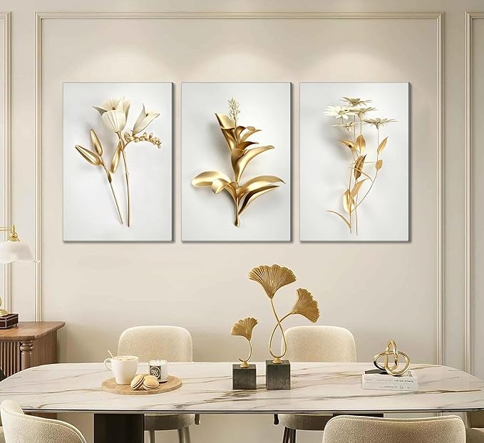 3Pcs Abstract Golden Flower Canvas Wall Art Modern Luxury Minimalism Nordic Floral Plant Painting Picture Wall Decor Poster Print Artwork for Living Room Bedroom Home Decoration