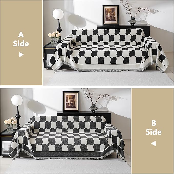 MEETSKY Sofa Covers Washable Couch Covers for 3 Cushion Couch Sofa Pet Friendly, Simple Modern Plaid Jacquard Couch Covers for Dogs, 91" x 118", Black Checkerboard