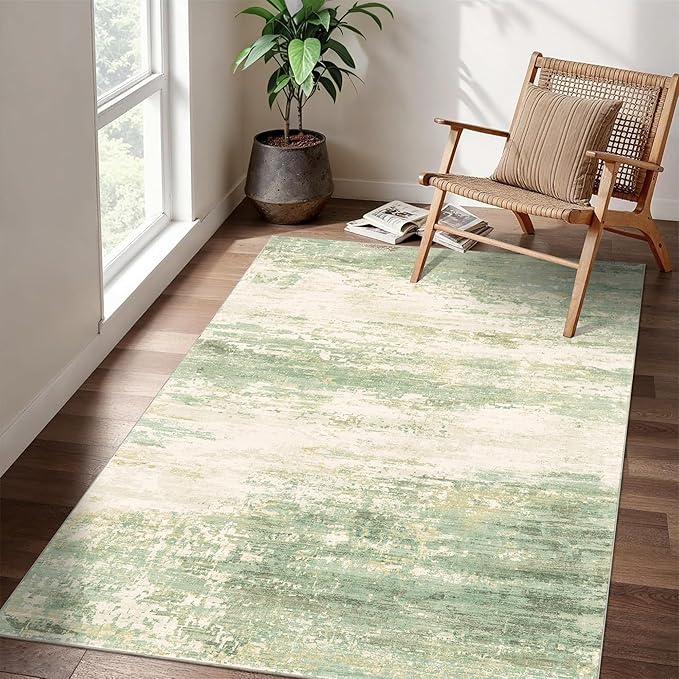 3x5 Modern Abstract Rug Washable Area Rugs for Living Room Bedroom Dining Room Non-Slip Low Pile Neutral Large Rug Soft Indoor Floor Carpet, Green