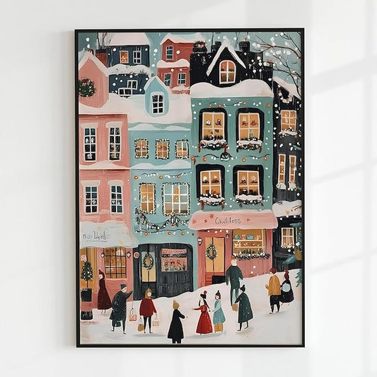 OZCONO Pastel Winter Town Wall Art for Christmas Decoration, Whimsical Snowy Village Scene for Seasonal Display, Retro Holiday Street Artwork, Cozy Xmas Home Accent, Noel Print (Unframed) (16x24)