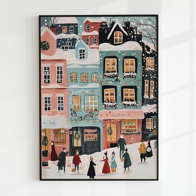 OZCONO Pastel Winter Town Wall Art for Christmas Decoration, Whimsical Snowy Village Scene for Seasonal Display, Retro Holiday Street Artwork, Cozy Xmas Home Accent, Noel Print (Unframed) (9x11)
