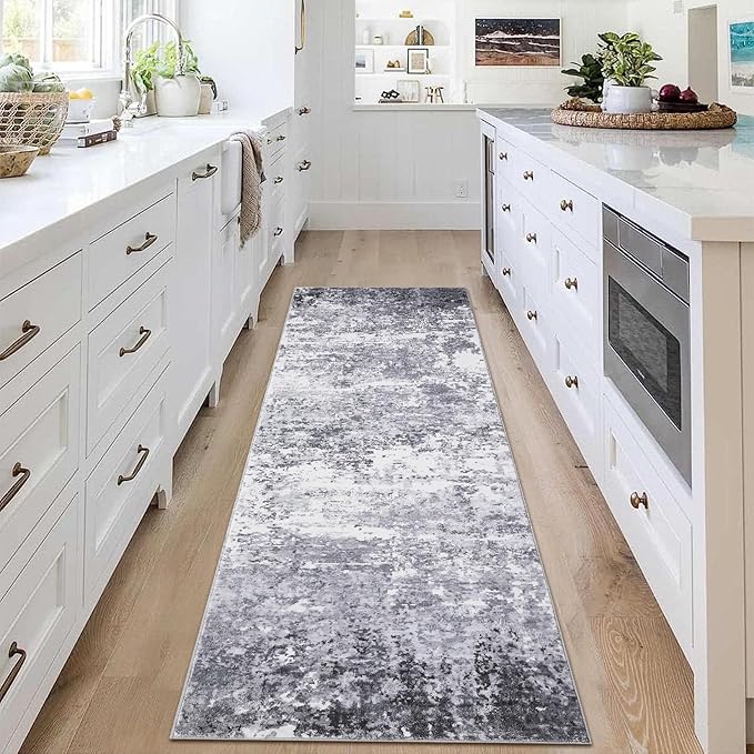 2x6 Modern Abstract Runner Rug Non Slip Soft Rug Stain Resistant Rugs Low Pile Non Shed Machine Washable for Hallway Kitchen Bathroom, Light Grey