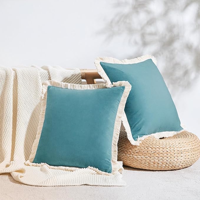 MONDAY MOOSE Decorative Throw Pillow Covers Cushion Cases, Set of 2 Soft Velvet Modern Fringe Tassel Designs, Mix and Match for Home Decor, Pillow Inserts Not Included (Teal Blue, 20x20 inch)